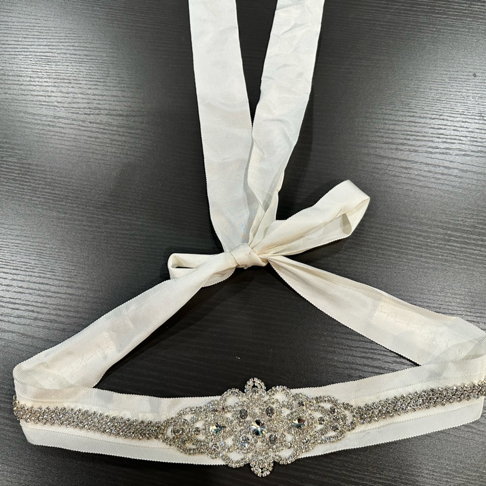 David's Bridal White Sash with Silver Embellishments